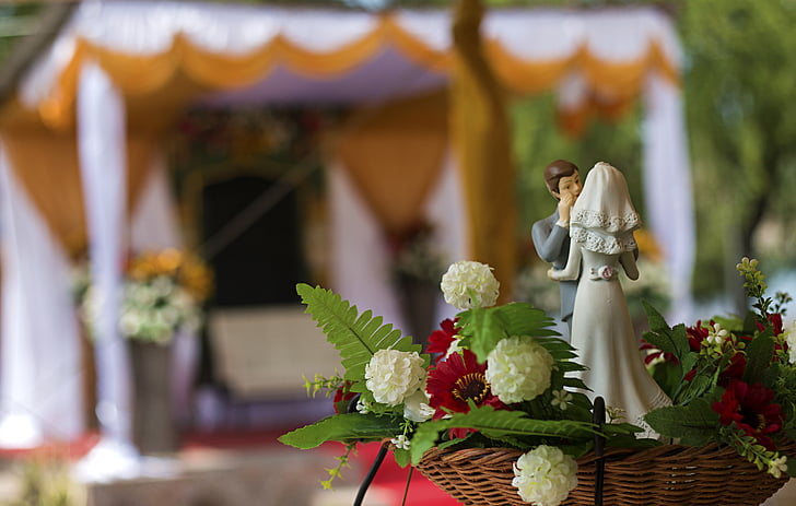 pernikahan, souvenir, menghias, emas, miniatur, bunga, keranjang
