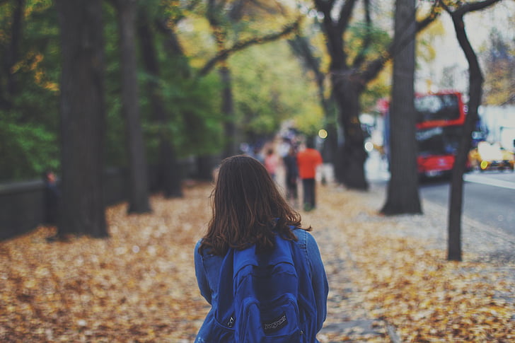 autumn, city, girl, leaves, people, person, sidewalk