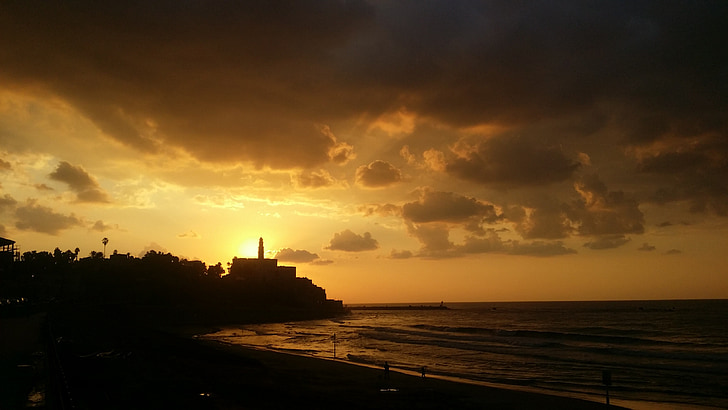 pôr do sol, Jaffa, Israel, Mediterrâneo, mar, nuvens