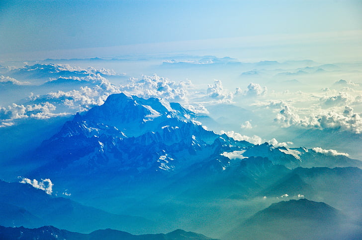 aèria, fotografia, blau, muntanya, envoltat, cels, cel