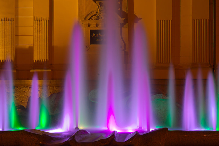 Fontana, vode, osvijetljeni, šarene, voda igre