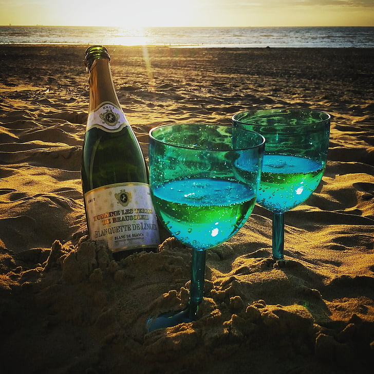 stranden, Katwijk, Nordsjøen, champagne, alkohol, solnedgang, romantisk