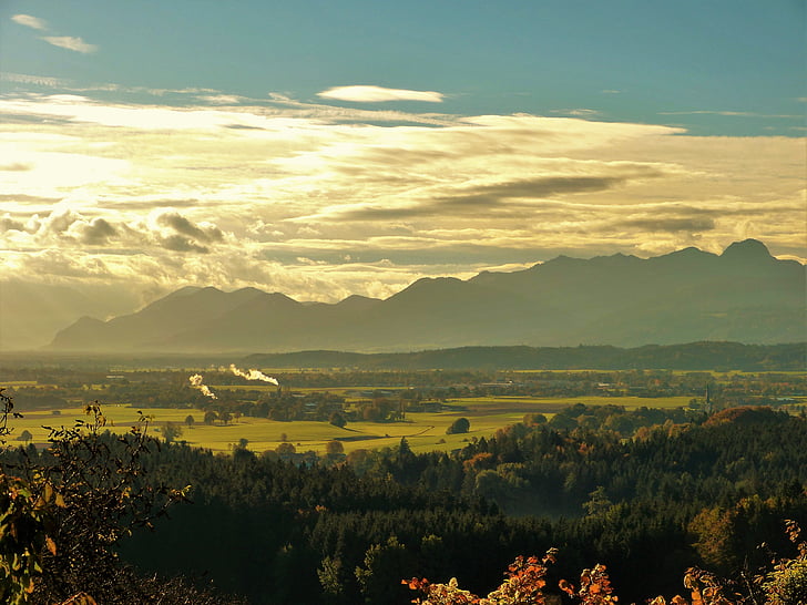 Alpių, kalnai, papėdėje,, kraštovaizdžio, rudenį, nuotaika, Bavarija