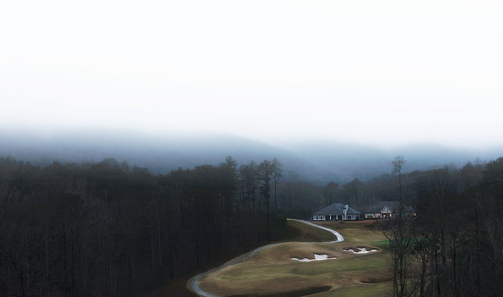 mist, huis, nevel, berg, weg, bomen, Woods