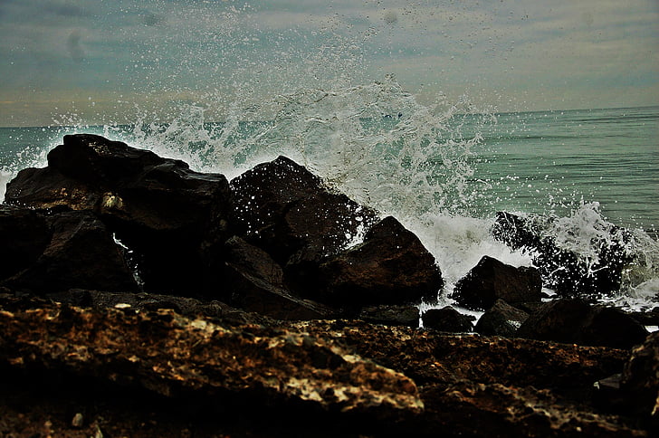praia, rocha, ondas, mar, natureza, onda, Rock - objeto