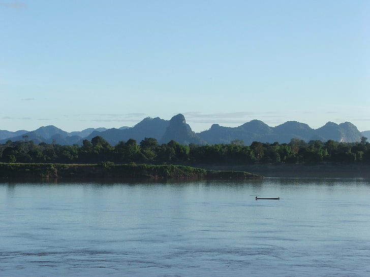 the mekong river with mountains, river, mountain, mekong river