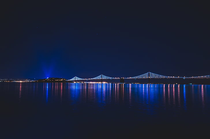 brug, verlichting, nacht, water, reflectie, donker, het platform