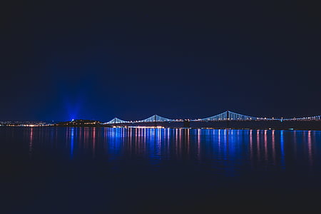 bridge, lights, night, water, reflection, dark, architecture