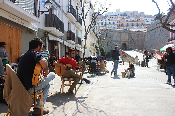 Ibiza, éneklés, zene, utca, piac, gitár, Flamenco
