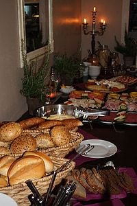 breakfast buffet, buffet, breakfast, roll, bread, croissant, sausage