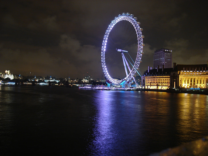 Лондонське око, атракціон, ніч, Ліхтарі, Орієнтир, оглядове колесо, Великобританія