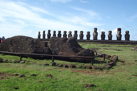 Velikonoční ostrov, Rapa nui, Moai, Chile, obloha, ruiny staré, tráva