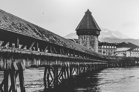 architettura, in bianco e nero, costruzione, ponte pedonale, Lucerna, fiume, Svizzera