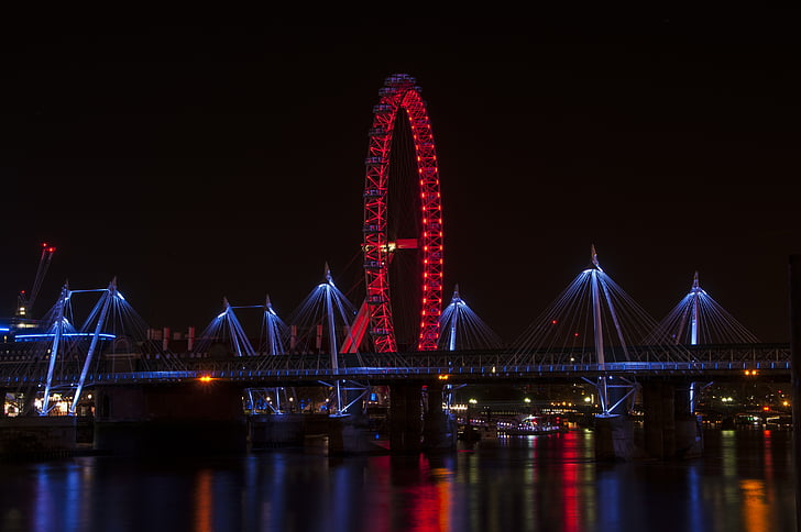 London eye, noc, Londyn, Miasto, oko, Rzeka, Thames