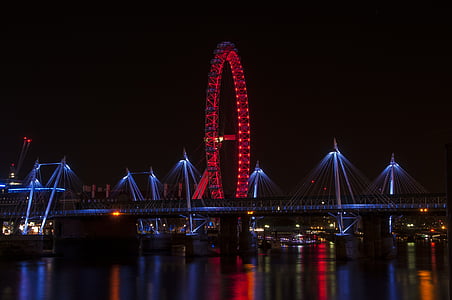 londýnské oko, noční, Londýn, město, oko, řeka, Temže