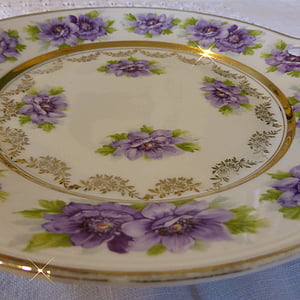 plate, porcelain, old plate, ditzy, violet, tableware, gold edge