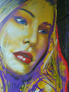 Graffiti, kunstneren rosco, kvinne, stående, ansikt, kvinne stående, øyne