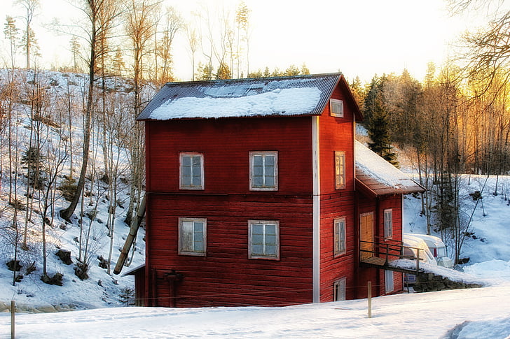 Swedia, indah, musim dingin, salju, es, rumah, rumah