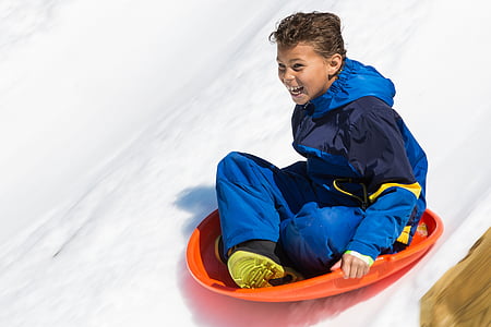 snow, sled, fun, winter, child, outdoors, smiling