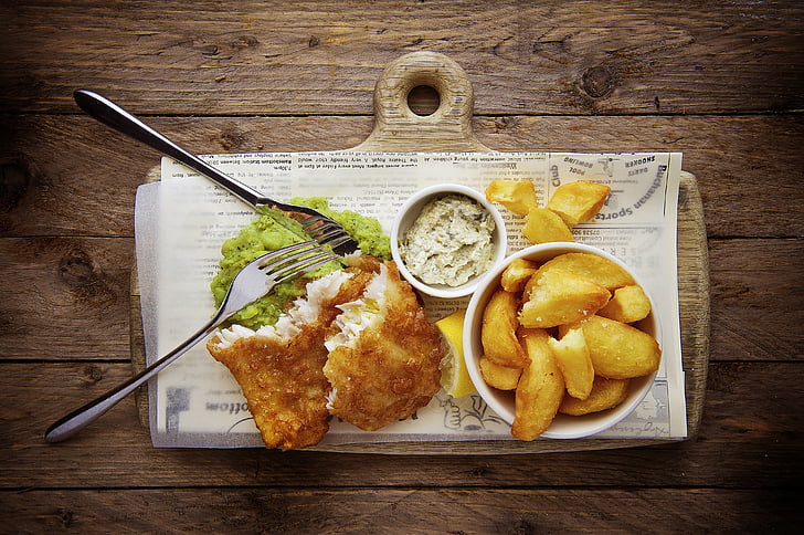 fish, chips, brown, wooden, table, food, gourmet
