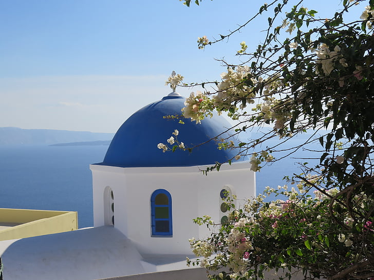 Санторини, Църква, синьо небе, Гърция