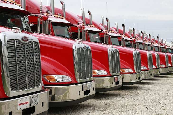 camions, peterbuilt, vehicle, camions vermells, transport, mode de transport, en una fila
