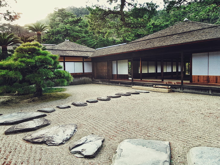 Japonų, sodas, akmenys, kelias, taip, namas, tradicinis