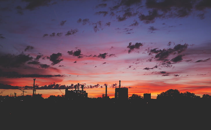 industrie, usine, cheminée, installations industrielles, industrialisation, coucher de soleil, Afterglow