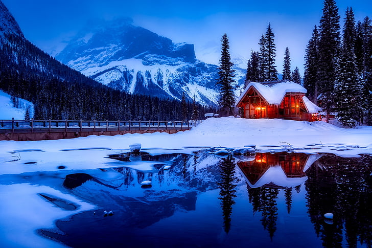 Canada, solnedgang, skumring, tømmerhytte, Lake, vann, refleksjoner