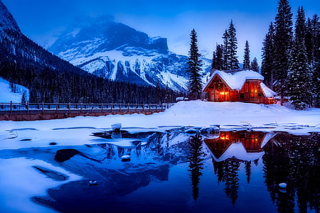 canada, sunset, dusk, log cabin, lake, water, reflections