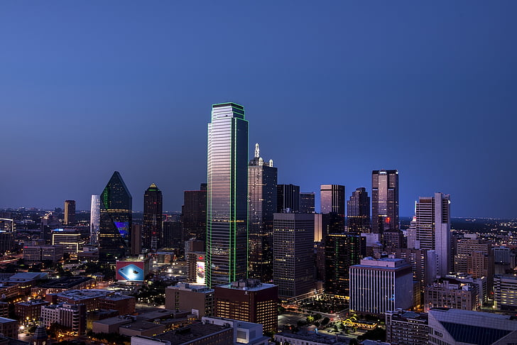 Dallas, Skyline, al atardecer, paisaje urbano, Crepúsculo, puesta de sol, noche