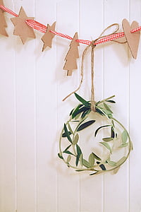 hijau, coklat, string, dekorasi, putih, dinding, Natal