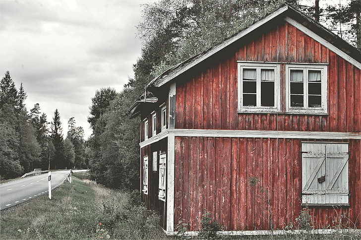 old house, road, outdoor, sweden, red, forest, tree