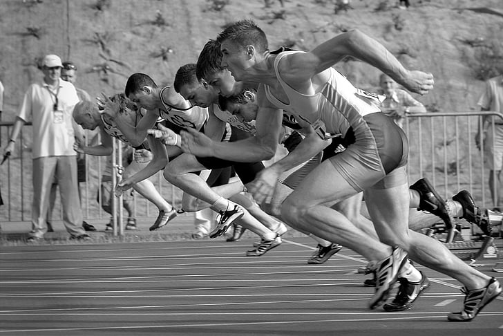 athletes, athletics, black-and-white, competition, course, fitness, lane