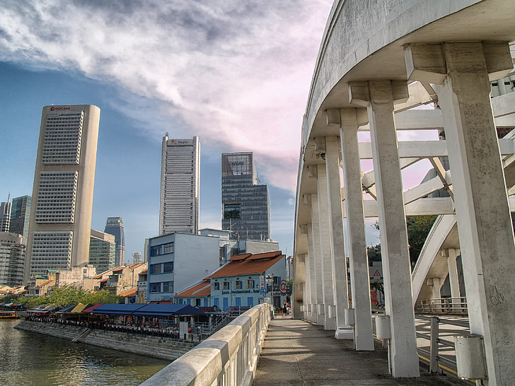 singapore, skyline, buildings, bridge, architecture, skyscraper, sky