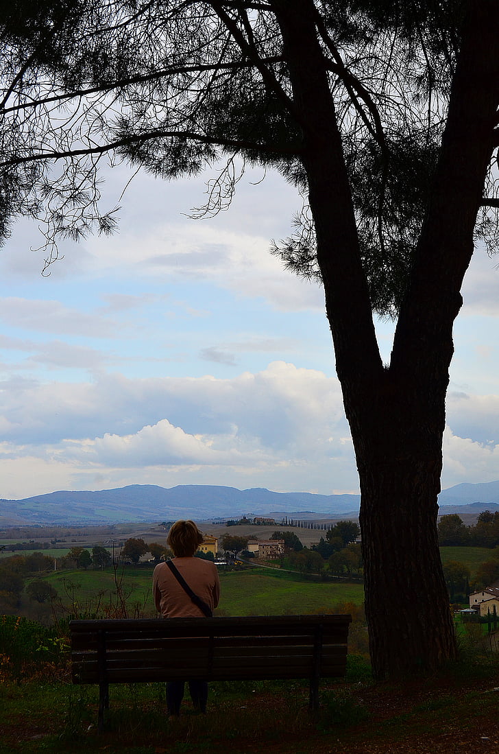 drzewo, człowiek, Ława, Daleko, góry, Hills, Włochy