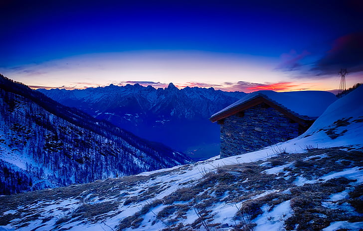italy, mountains, sunset, snow, winter, cottage, sky