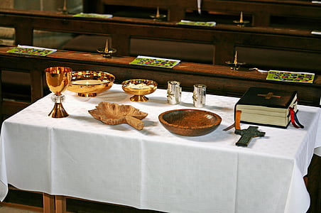 comunión, altar, católica, Iglesia, taza, tabla, en el interior