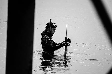 harpoon, diving, fishing, hunting, water, sea, man
