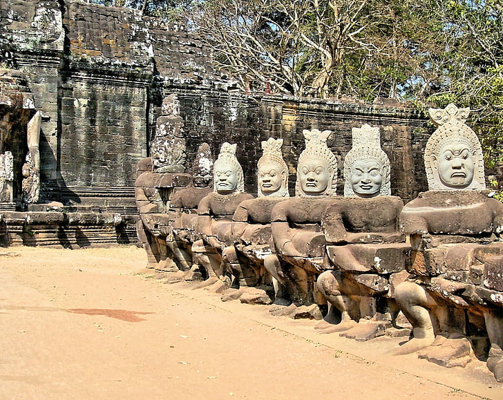 Camboja, Angkor, Bayon, guardas, estátuas, cara, escultura