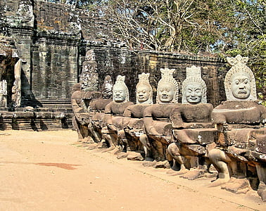 cambodia, angkor, bayon, guards, statues, face, sculpture