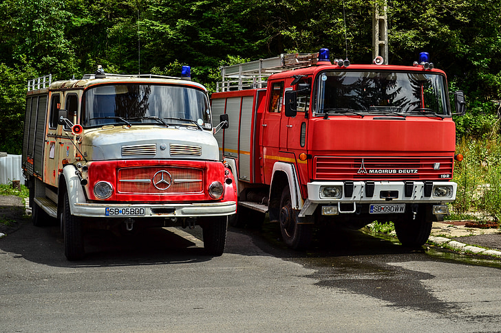 brandweerman, auto, oude, voertuig, station, brandweerwagen, vrachtwagen