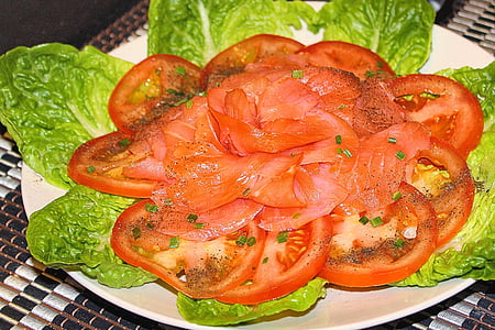 salmon, smoked salmon, tomatoes, lettuce leaves, tasty, fish, benefit from