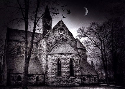 kostol, noc, tmavé, tma, mesiac, mystické, mesačný svit