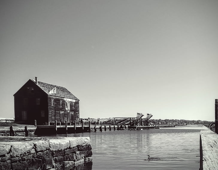architecture, beach, black-and-white, building, dawn, dusk, harbour