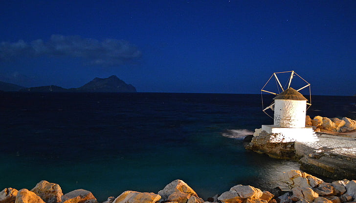nikouria, test, Amorgos, øya, Hellas, vindmølle, kveld