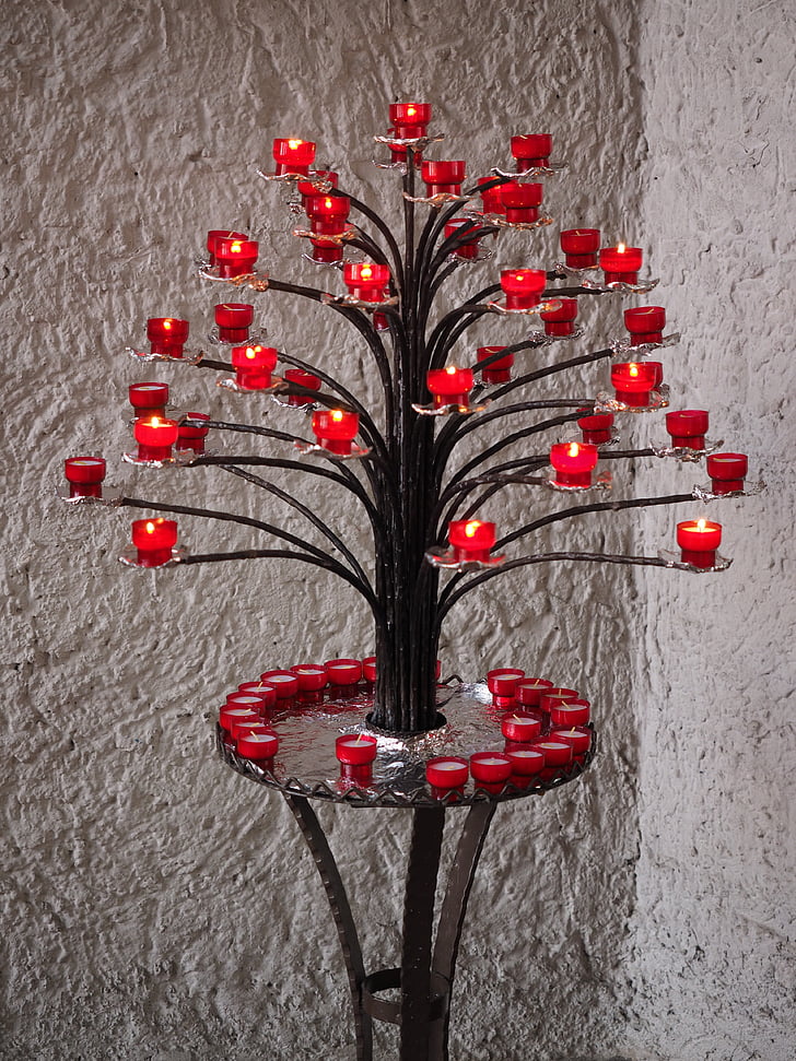candle holders, candles, stand, light, church, red, tree