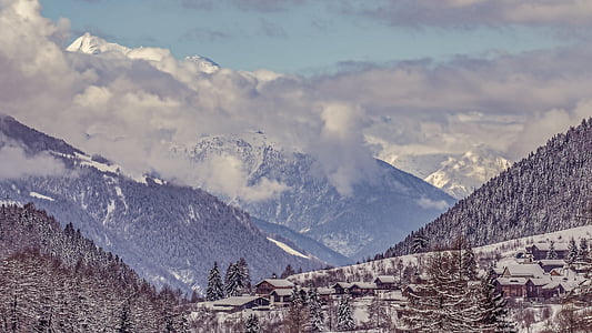алпийски, Алпи, облаците, студено, Fiesch, мъгла, къщи