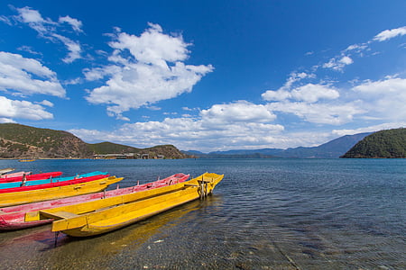 lugu lake, lake, wooden boat