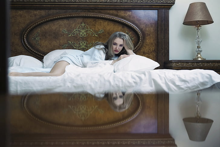 girl, bedroom, sconce, bed, mirror, blonde, robe